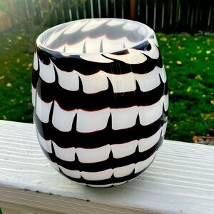 Dark Brown Horizontal Zig Zag Lines on White w. Black Zebra Glass Vase 6.5x7.5"